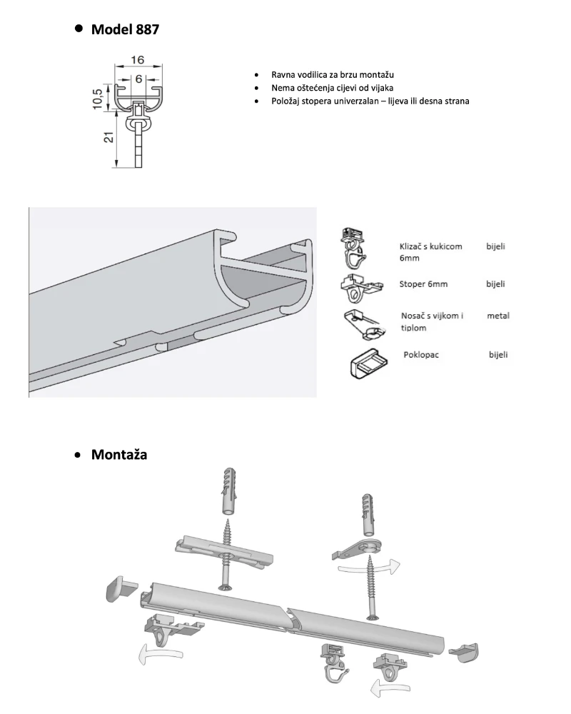 Vodilica za zavjese po mjeri, jednokanalna aluminijska, standard, bijela - Slika 5
